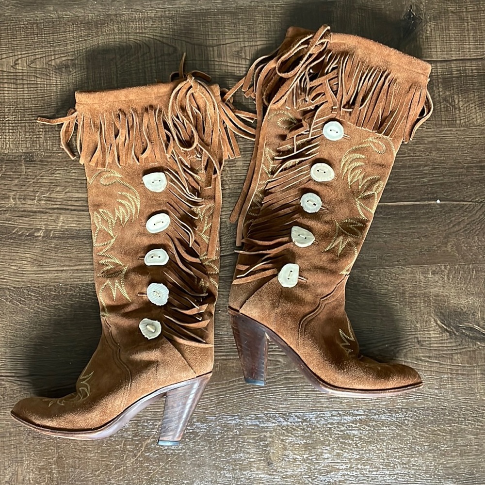 SOLD. 
Brown suede fringe boots